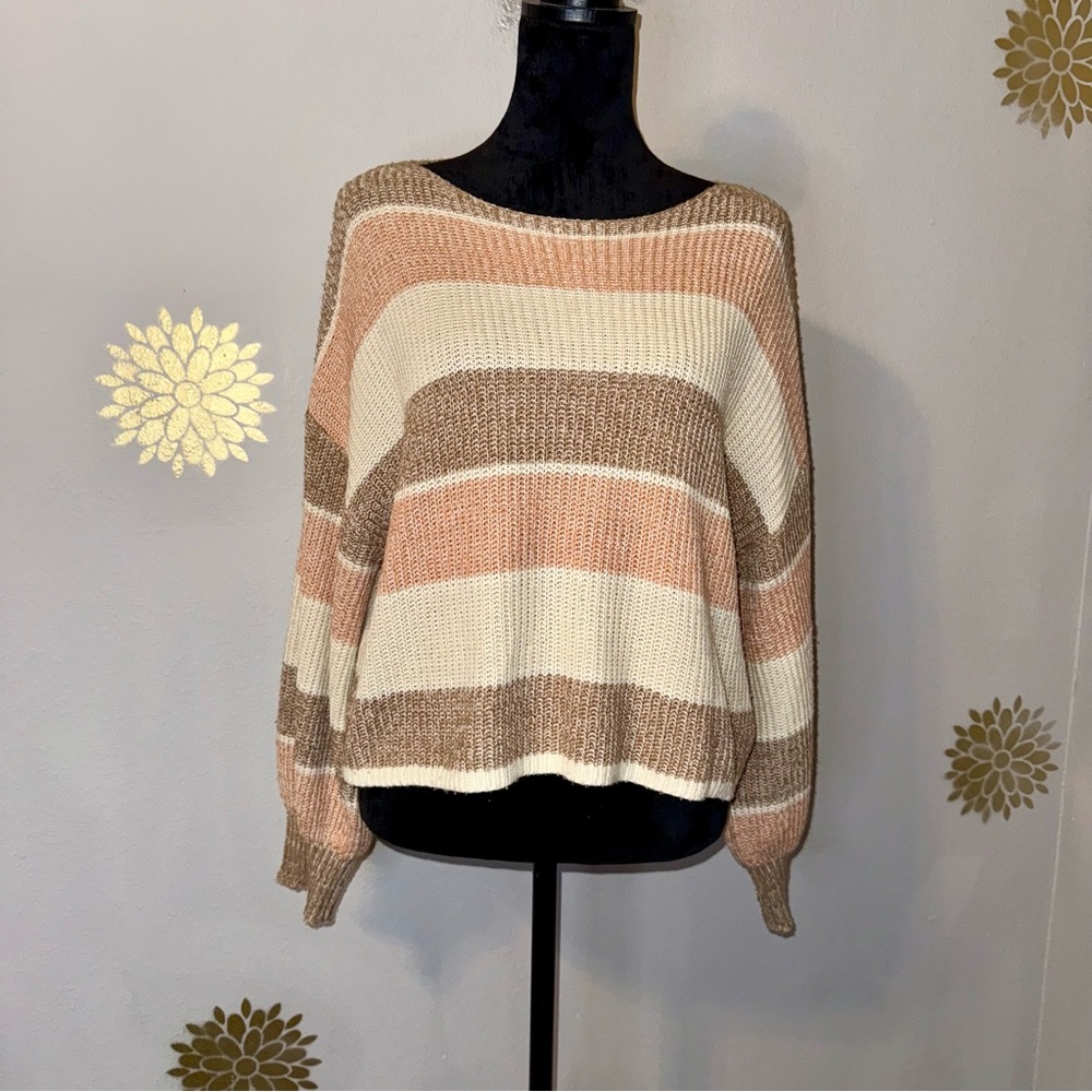 Billabong Women’s Striped Brown Peach Cream Scoop neck Sweater Casual Chic BOHO